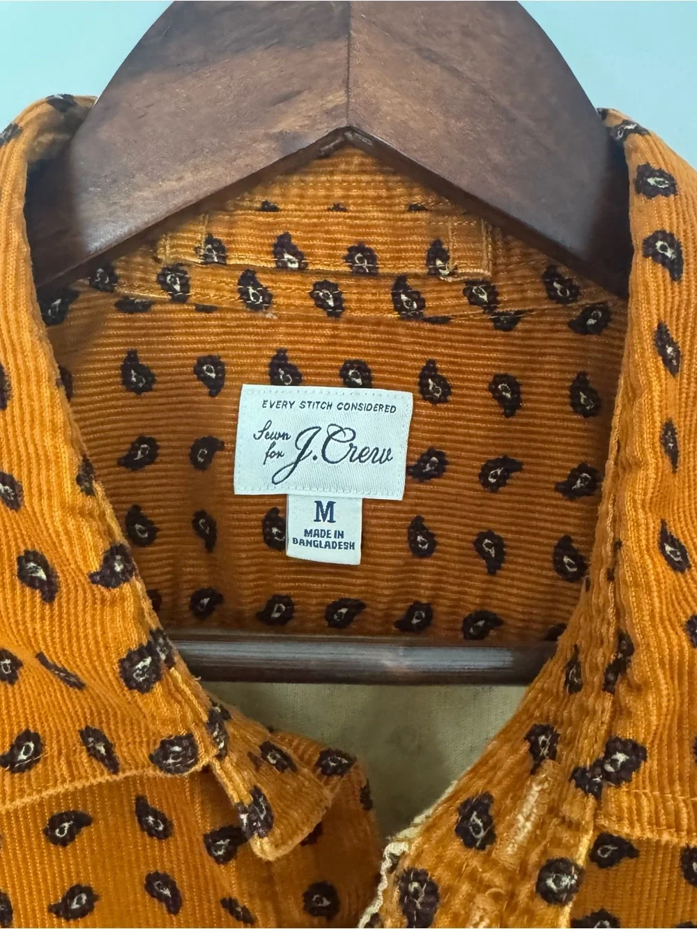 J. Crew Rust Orange Corduroy Button-Up with Navy Paisley Print